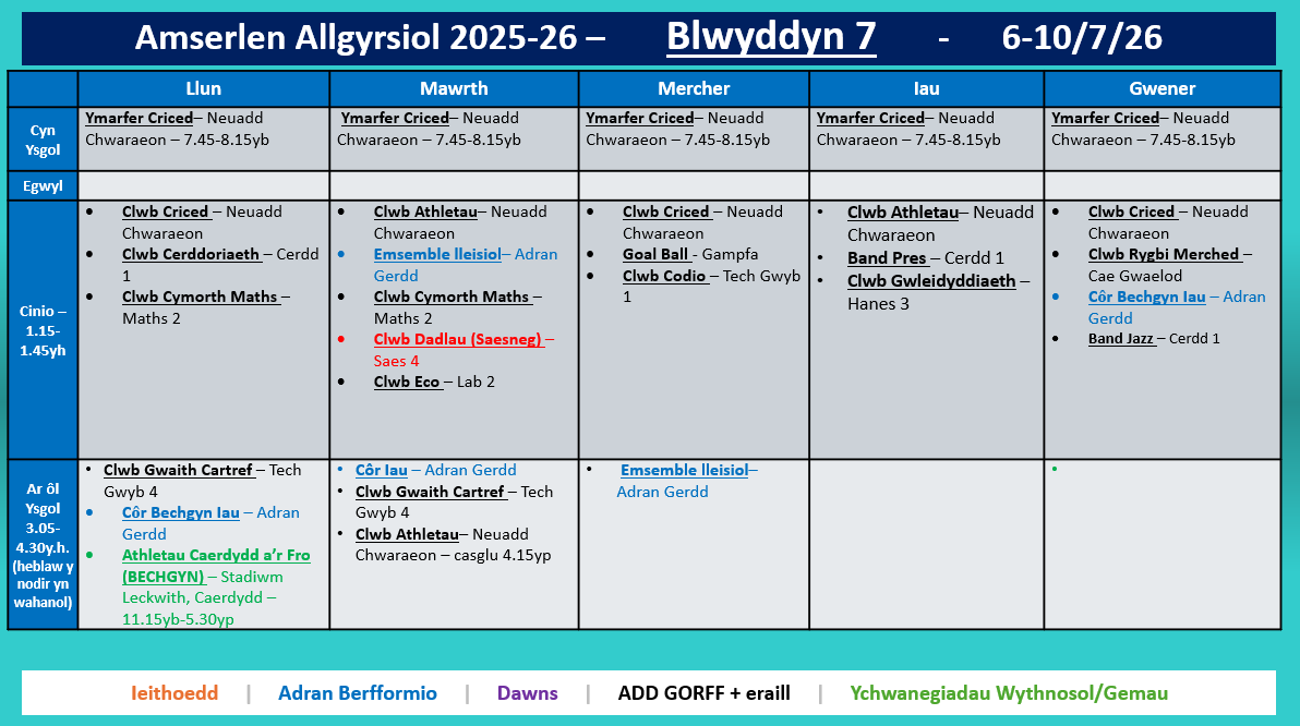 Amserlen Bl7