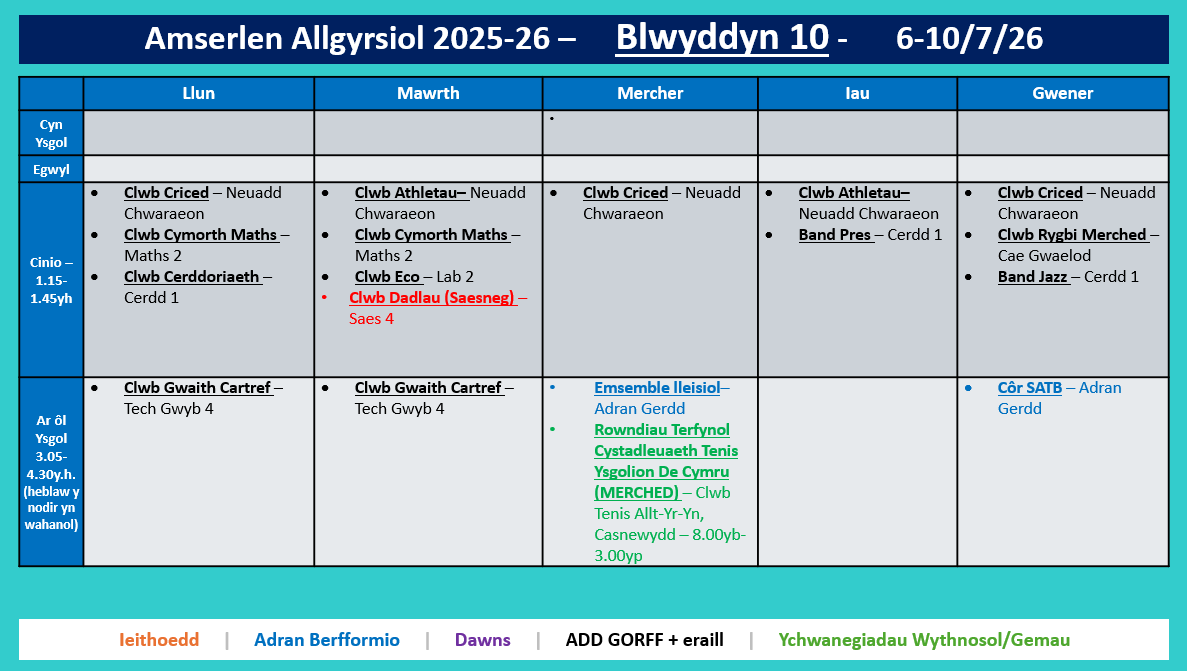 Amserlen Bl10