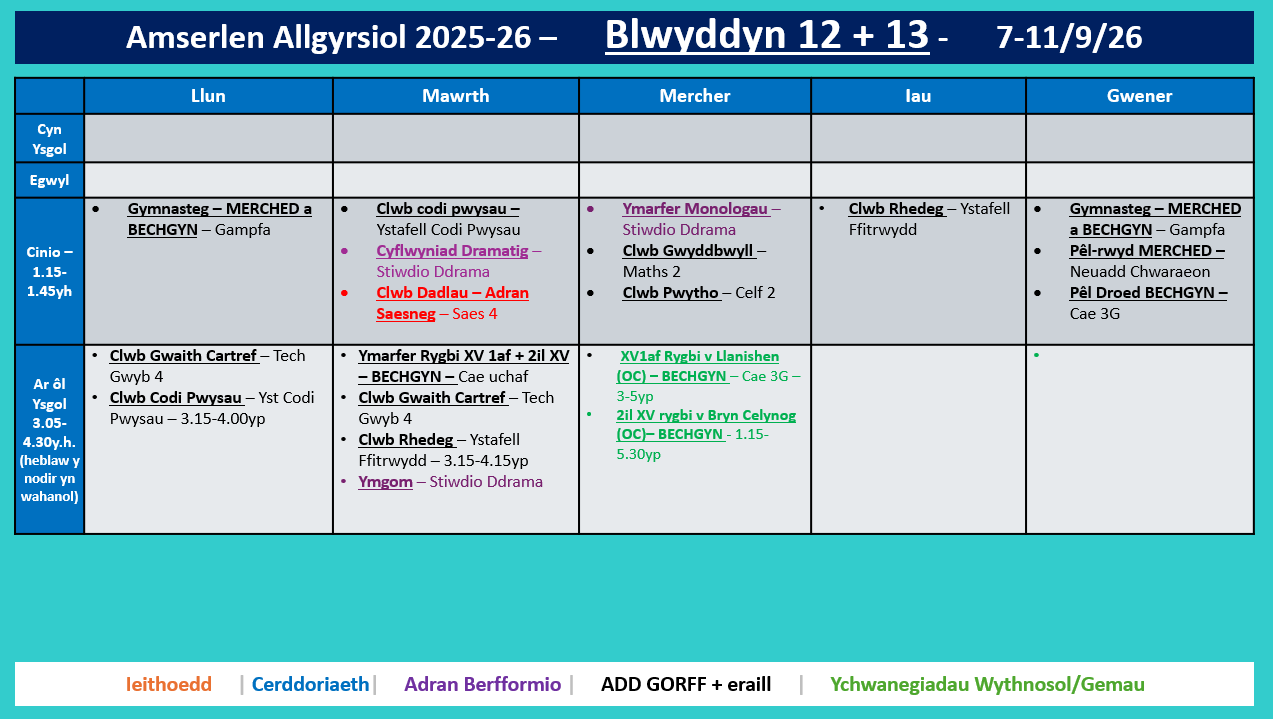 Amserlen Bl12 a 13