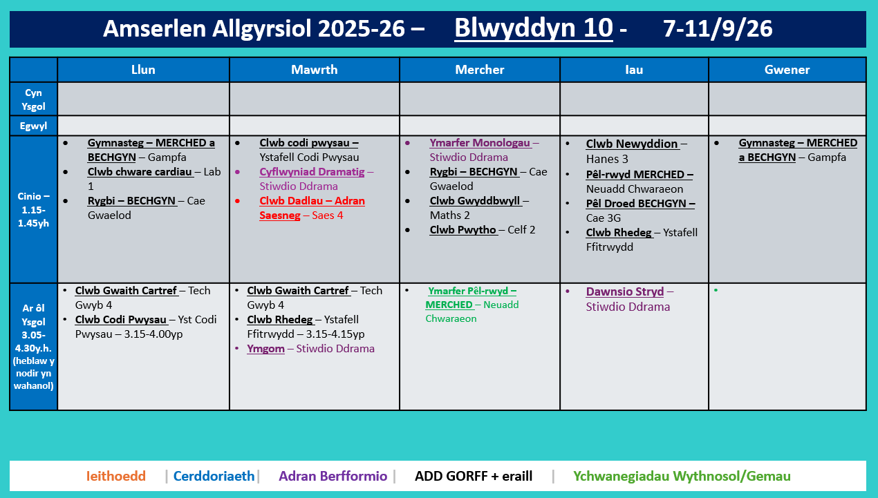 Amserlen Bl10