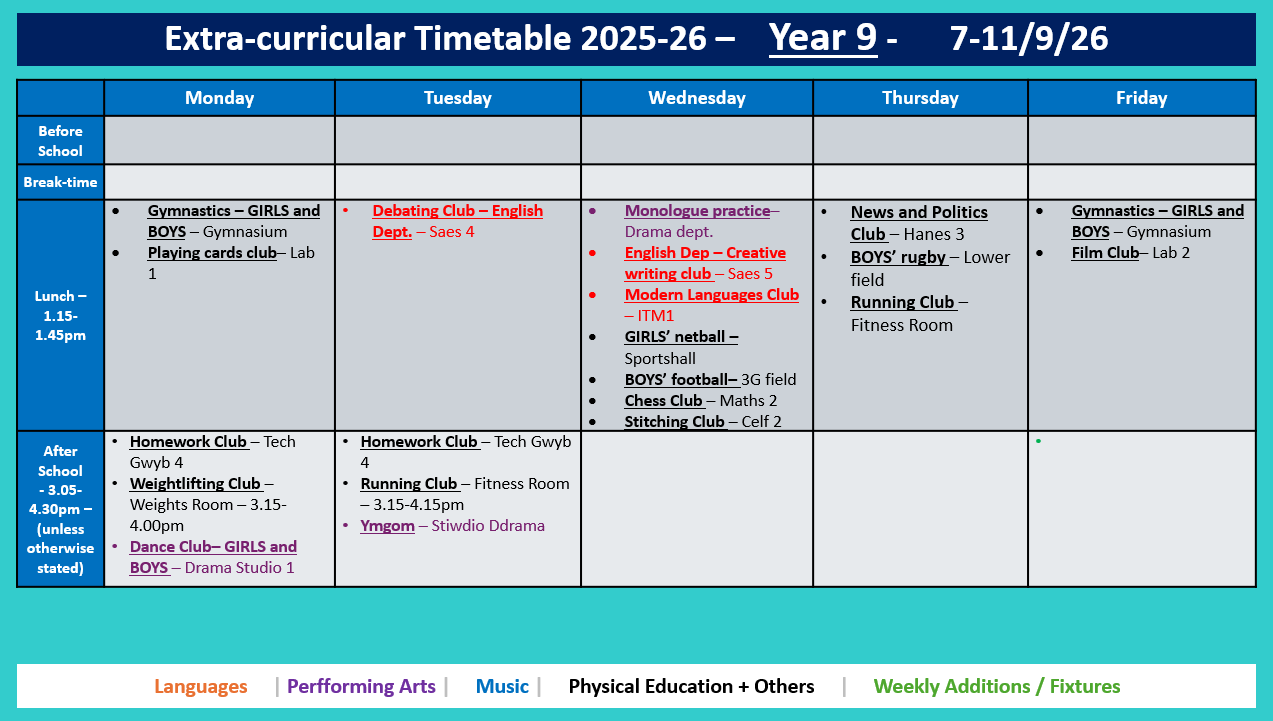 Year 9 Timetable