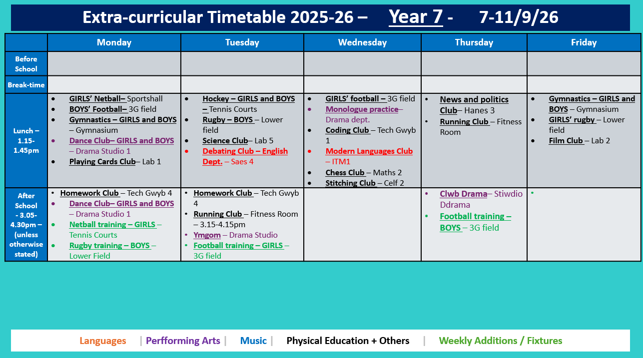 Year 7 Timetable