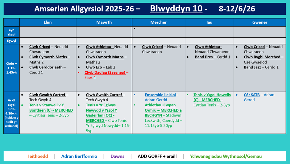 Amserlen Bl10