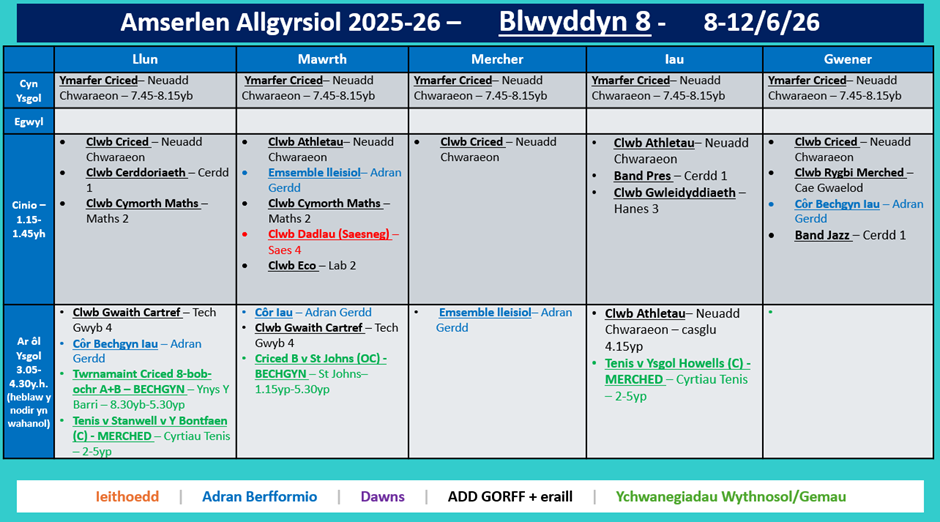 Amserlen Bl8