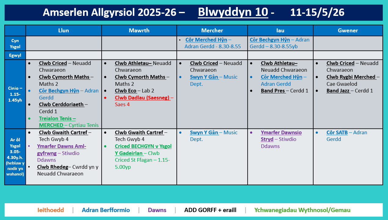 Amserlen Bl10