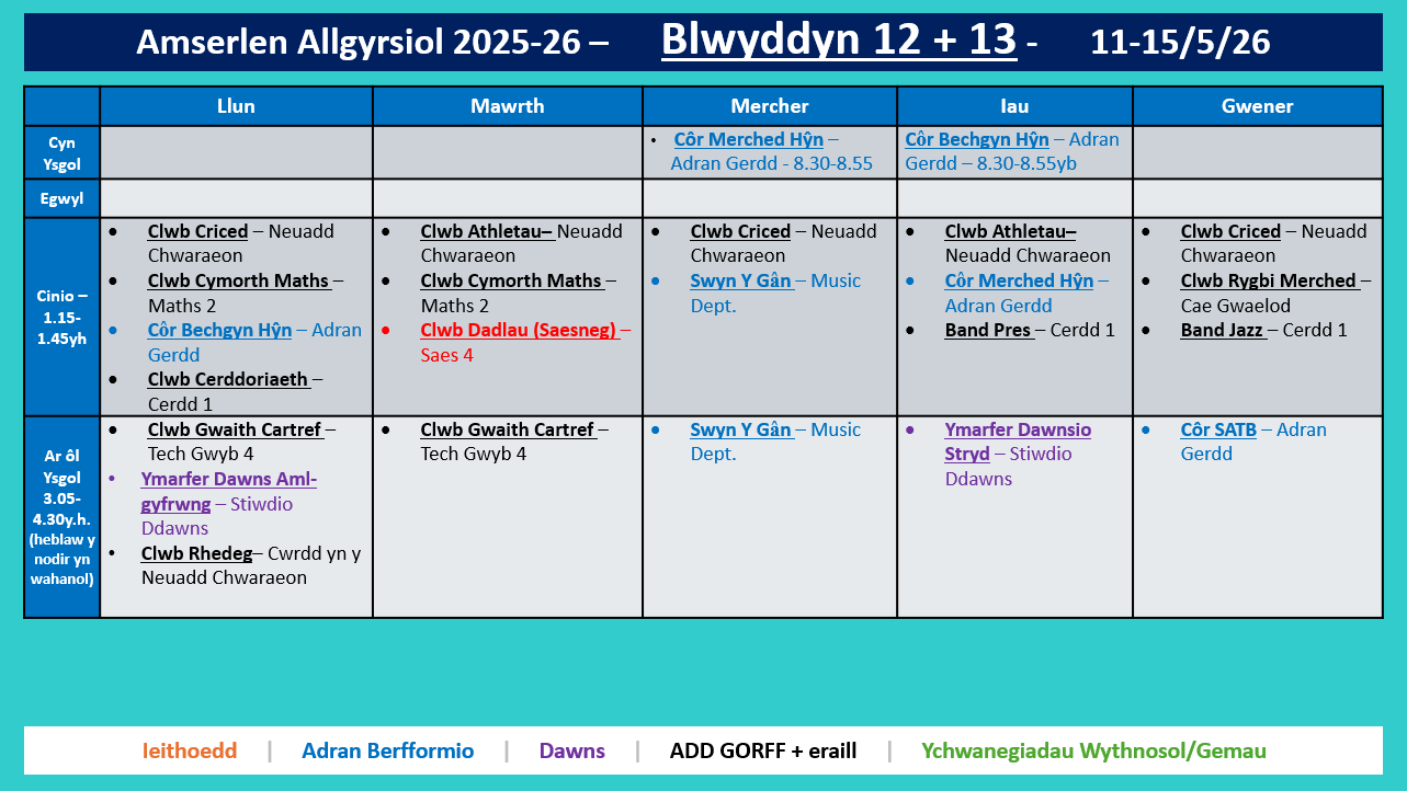 Amserlen Bl12 a 13