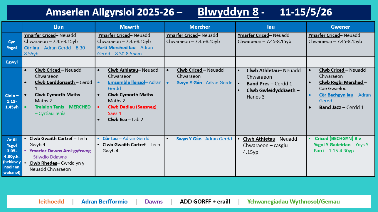 Amserlen Bl8