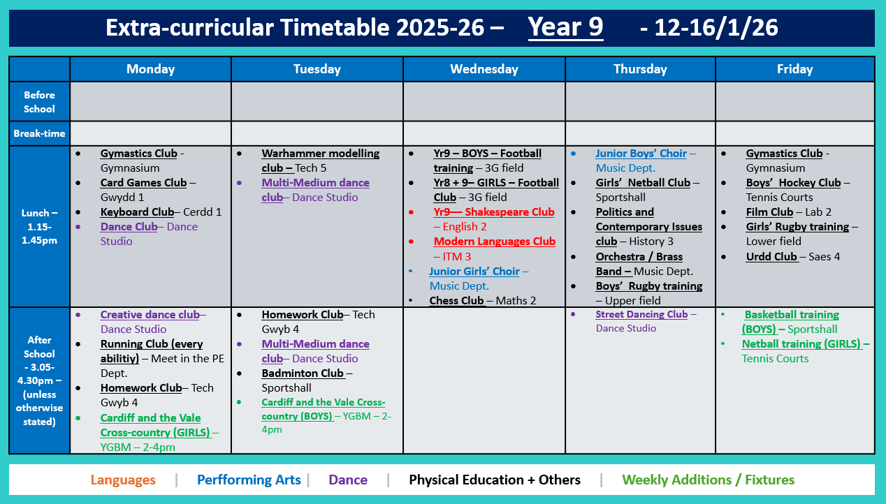 Year 9 Timetable