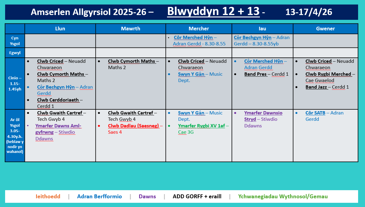 Amserlen Bl12 a 13