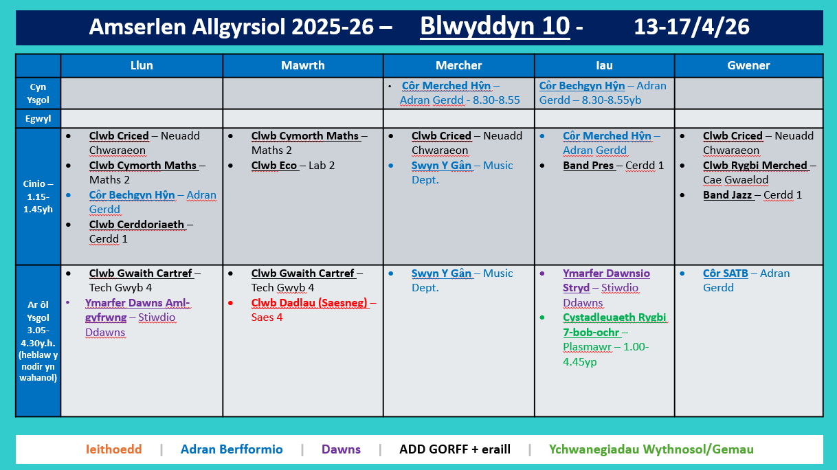 Amserlen Bl10