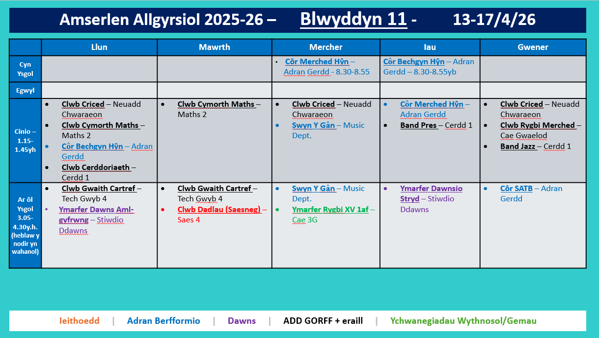 Amserlen Bl11