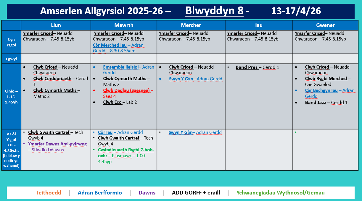 Amserlen Bl8