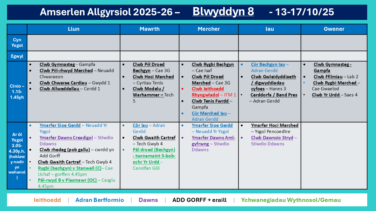Amserlen Bl8
