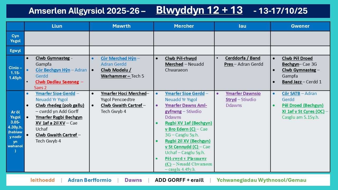 Amserlen Bl12 a 13