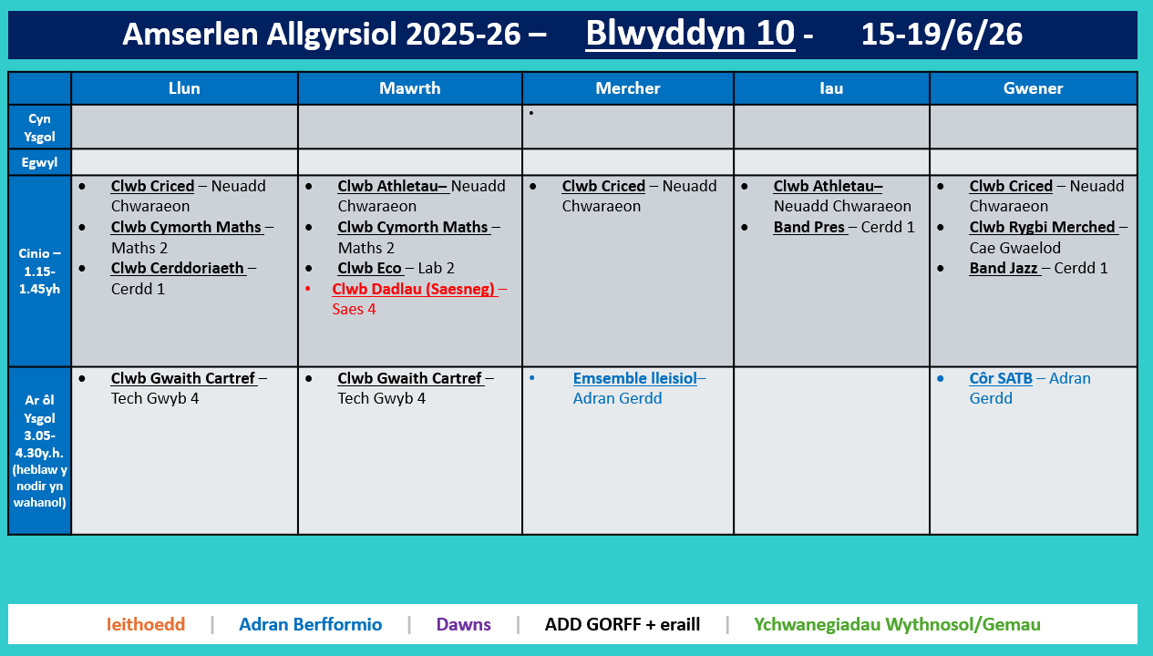 Amserlen Bl10