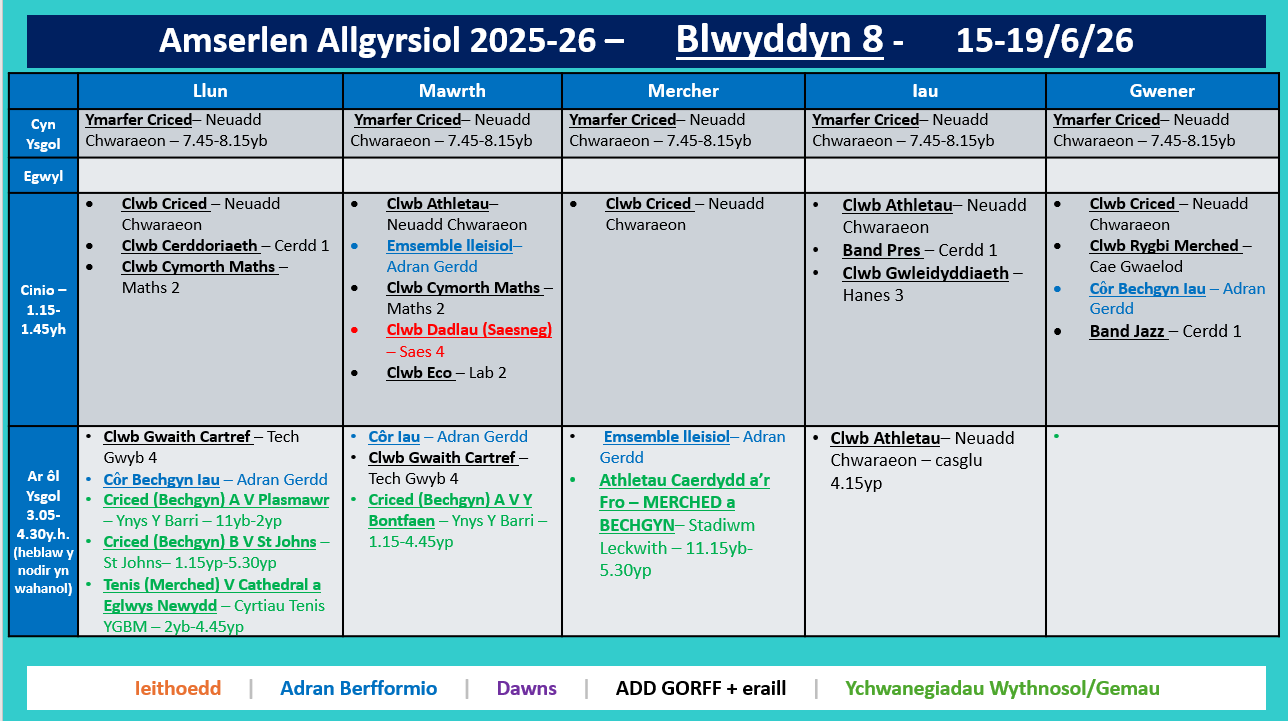 Amserlen Bl8