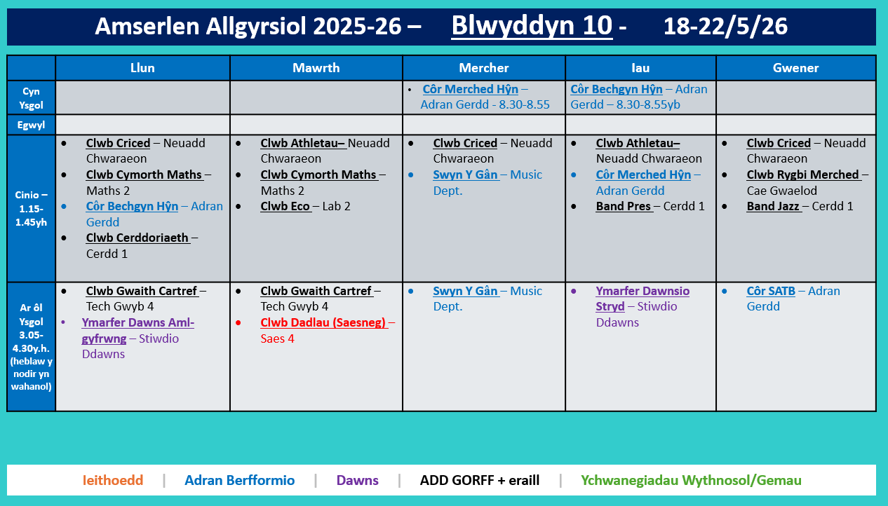 Amserlen Bl10