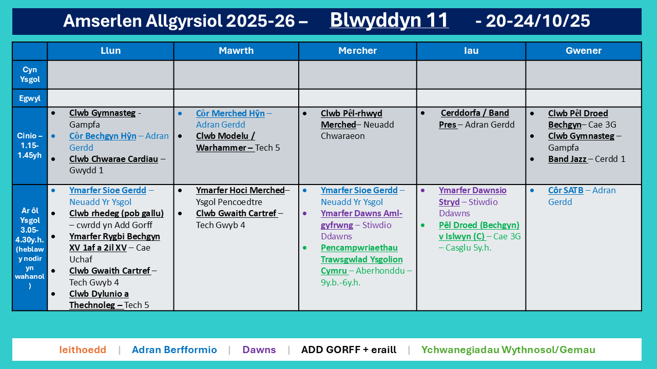 Amserlen Bl11