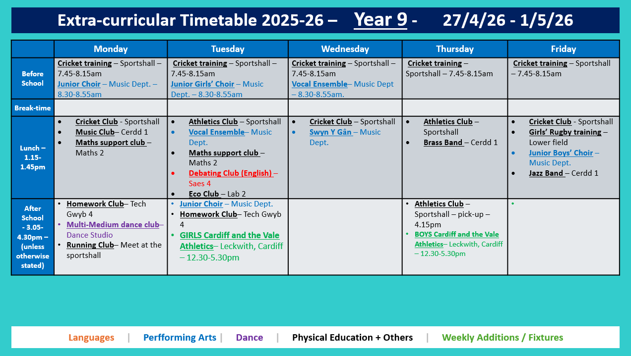 Year 9 Timetable