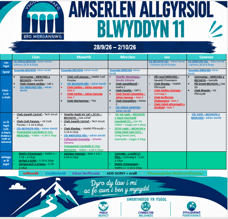 Amserlen Bl12 a 13