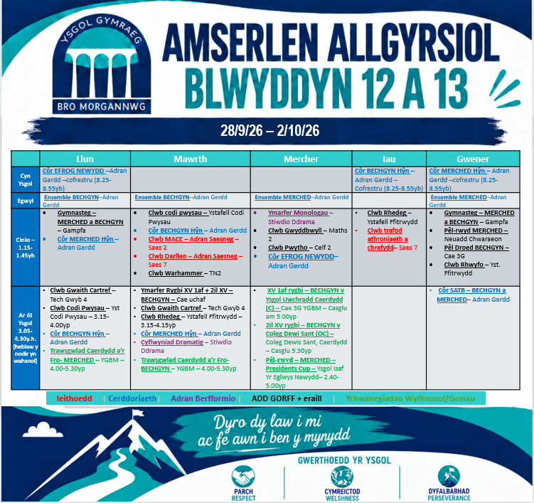 Amserlen Bl12 a 13
