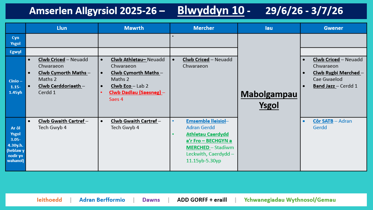 Amserlen Bl10