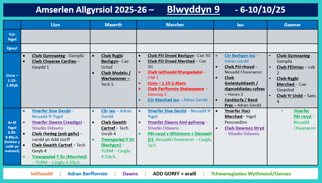 Blwyddyn 9 Amserlen Allgyrsiol